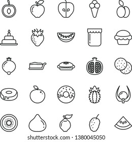 thin line vector icon set - birthday cake vector, slice, with a hole, glazed, pie, cone, jam, apple, biscuit, half pomegranate, quince, red, tasty, strawberry, fig, medlar, mulberry, water melon