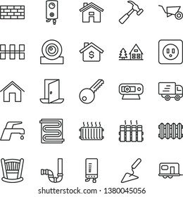 thin line vector icon set - house vector, cradle, brickwork, building trolley, trowel, siphon, power socket type b, key, ceramic tiles, heating coil, radiator, new, faucet mixer, boiler, electronic