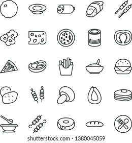 thin line vector icon set - plates and spoons vector, sausage, stick of, piece cheese, loaf, tin, fried vegetables on sticks, pizza, big burger, porcini, cake with a hole, bowl rice porridge, bacon