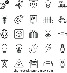 thin line vector icon set - lightning vector, danger of electricity, incandescent lamp, concrete mixer, bulb, power socket type b, radiator, big solar panel, wind energy, light, line, mercury, fan