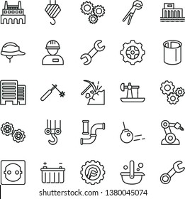 thin line vector icon set - workman vector, hook, winch, gears, adjustable wrench, buildings, helmet, star gear, core, oil derrick, coal mining, water pipes, battery, hydroelectric station, welding