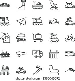 thin line vector icon set - paper airplane vector, Baby chair, summer stroller, toy train, car, sea port, coal mining, battery, electric, autopilot, Express delivery, lunar rover, winner stairway