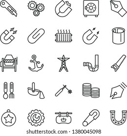 thin line vector icon set - safety pin vector, iron fork spoons, concrete mixer, hand saw, siphon, gear, stationery knife, anchor, strongbox, clip, power line, horseshoe magnet, pipes, welding, luck