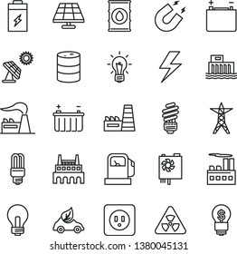 thin line vector icon set - lightning vector, incandescent lamp, saving light bulb, power socket type b, charging battery, solar panel, big, gas station, factory, oil, barrel, accumulator, line