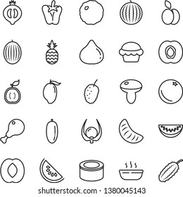 thin line vector icon set - canned goods vector, mushroom, cake, hot porridge, chicken leg, cabbage, peper, a pineapple, apple, orange, half apricot, fig, of medlar, tasty mulberry, melon, water