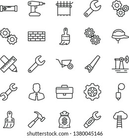 thin line vector icon set - repair key vector, briefcase, brickwork, building trolley, drill, hand saw, plastic brush, wooden paint, construction level, writing accessories, helmet, plummet, gear
