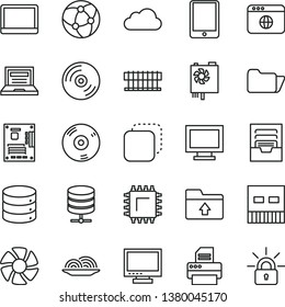 thin line vector icon set - laptop vector, monitor, window, archive, upload folder, CD, big data, server, copy, onion, smd, tablet pc, notebook, fan, radiator, power supply, motherboard, usb, cloud