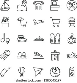 thin line vector icon set - earth vector, plane, car baggage, sail boat, air balloon, hang glider, motorcycle, security gate, scanner, passort control, rolling case, arrival, arnchair under umbrella