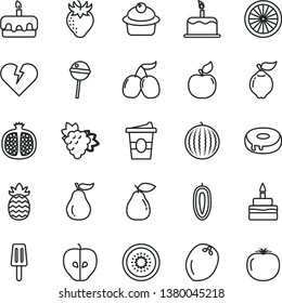 thin line vector icon set - broken heart vector, cake, muffin, torte, birthday, with a hole, Chupa Chups, coffe to go, popsicle, half pomegranate, branch of grape, quince, pear, apricot, tasty apple