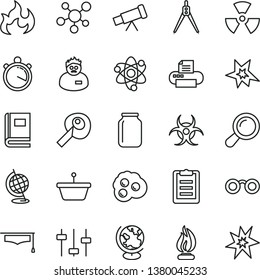 thin line vector icon set - omelette vector, jar, pan, printer, telescope, molecule, atom, glasses, nuclear, zoom, settings, book, biohazard, globe, flame, scientist, graduate hat, clipboard, bang
