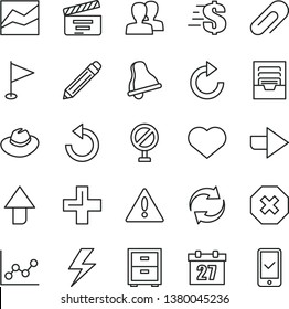 thin line vector icon set - heart symbol vector, lightning, warning, bell, daily calendar, clip, mark of injury, prohibition, upward direction, right, graphite pencil, women, hat, renewal, plus