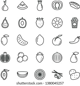 thin line vector icon set - Chinese chopsticks vector, japanese sushi, cup of popcorn, ripe peach, half pomegranate, pear, raspberry, rose hip, tasty, blueberries, water melon, mango, delicious plum