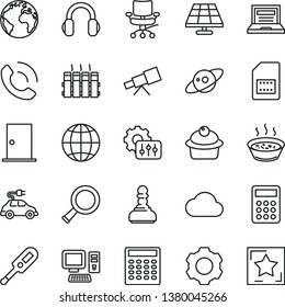 thin line vector icon set - sign of the planet vector, laptop, electronic thermometer e, ntrance door, radiator, earth, phone call, muffin, porridge in a saucepan, solar panel, electric car, chair