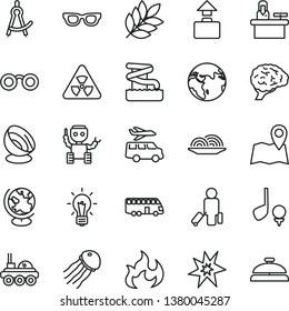 thin line vector icon set - onion vector, glasses, nuclear, bulb, brain, globe, flame, drawing compass, robot, satellite antenna, lunar rover, biology, bang, earth, bus, passenger, baggage, aquapark