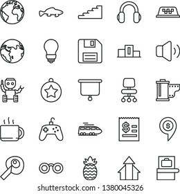 thin line vector icon set - sign of the planet vector, floppy disk, camera roll, bulb, volume, small fish, cup tea, pineapple, article on dollar, headphones, joystick, chair, glasses, robot, pin