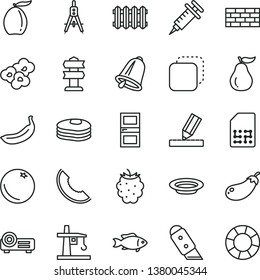 thin line vector icon set - brickwork vector, interroom door, drawing, knife, new radiator, bell, copy, plate, popcorn, fish, pancakes, orange, blackberry, slice of melon, loquat, banana, ripe guava