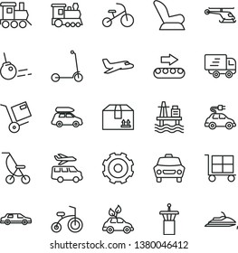 thin line vector icon set - truck lorry vector, cargo trolley, car child seat, summer stroller, baby toy train, bicycle, tricycle, Kick scooter, core, cardboard box, shipment, sea port, electric