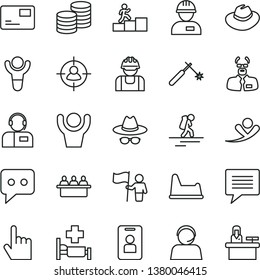 thin line vector icon set - image of thought vector, hat, with glasses, potty chair, workman, index finger, pass card, operator, coins, builder, welding, court hearing, man in sight, think, winner