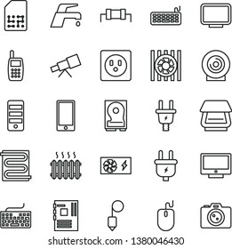 thin line vector icon set - keyboard vector, plummet, heating coil, faucet mixer, screen, smartphone, lens, plug, electric, socket, SIM, cast iron radiator, mobile phone, fan, mouse, pc power supply