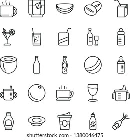 thin line vector icon set - mug for feeding vector, measuring cup, bottle, bath ball, e, packing of juice with a straw, coffee, plate milk, beans, tea, coffe to go, glass soda, cocktail, orange