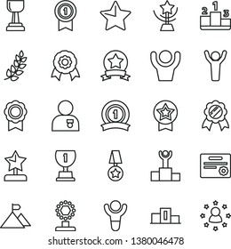 thin line vector icon set - star vector, pedestal, medal, winner, laurel branch, podium, award, cup, gold, reward, man hands up, with, mountain flag, pennant, ribbon, certificate, stars around