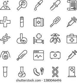 thin line vector icon set - first aid kit vector, plus, electronic thermometer e, mercury, bag of a paramedic, medical, temperature, cardiogram, goji berry, flask, research article, test tube, dna