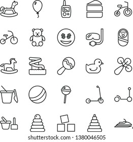 thin line vector icon set - beanbag vector, baby rattle, duckling, bath ball, stacking rings, toy, roly poly doll, mobile phone, sand set, children's, small teddy bear, rocking horse, balloon