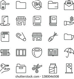 thin line vector icon set - folder vector, book, open pin, books, window frame, door knob, received letter, umbrella, 24, package, half of coconut, kiosk, stall, get a wage, arm with key, exit