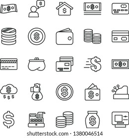 thin line vector icon set - bank card vector, dollar, cards, coins, reverse side of a, front the, column, denomination, wallet, purse, money, cash, machine, cashbox, bag hand, rain, coin, mortgage