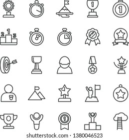 thin line vector icon set - stopwatch vector, pedestal, racer, winner, podium, prize, award, cup, gold, star, reward, man with medal, flag, motivation, mountain, purpose, first place, pennant