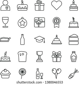 thin line vector icon set - colored air balloons vector, cake, birthday, heart, gift, square academic hat, Easter, muffin, piece of, slice, torte, lollipop, glass, bottle, giftbox, gold cup, star