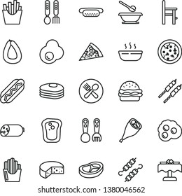 thin line vector icon set - plates and spoons vector, a chair for feeding, plastic fork, iron, sausage, stick of, cheese, pizza, piece, Hot Dog, mini, burger, porridge, grill chicken leg, bacon, egg