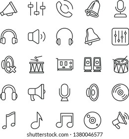 thin line vector icon set - bell vector, horn, loudspeaker, silent mode, drumroll, drum, headphones, microphone, music, CD, regulator, volume, phone call, megaphone, pc card, speaker, note, settings