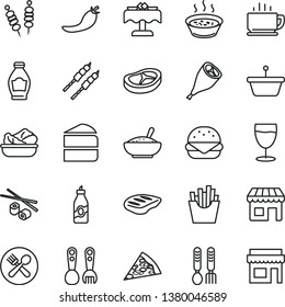 thin line vector icon set - plastic fork spoons vector, iron, coffee, fried vegetables on sticks, piece of pizza, big burger, cake, a bowl rice porridge, in saucepan, lettuce plate, bacon, chop, pan