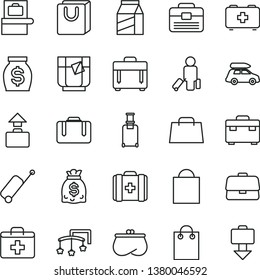 thin line vector icon set - paper bag vector, first aid kit, toys over the cot, of a paramedic, medical, portfolio, suitcase, case, with handles, package, glass tea, briefcase, purse, money, dollars