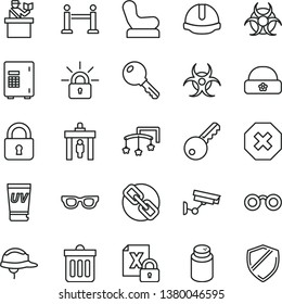 thin line vector icon set - mark of injury vector, spectacles, toys over the cot, powder, Baby chair, warm hat, construction helmet, dust bin, lock, key, encrypting, glasses, biohazard, rope barrier