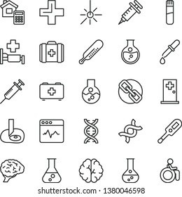 thin line vector icon set - spectacles vector, plus, electronic thermometer e, mercury, bag of a paramedic, medical, estimate, cardiogram, round flask, outdoor, test tube, dna, brain, pipette, room