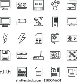 thin line vector icon set - lightning vector, floppy disk, monitor, window, bank card, screen, cards, processor, assembly robot, SIM, engineer calculator, pc power supply, tower, motherboard, usb