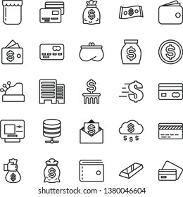 thin line vector icon set - bank card vector, purse, dollar, buildings, big data server, cards, jam, reverse side of a, front the, wallet, money, dollars, cashbox, gold bar, bag hand, rain, column