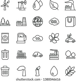 thin line vector icon set - drop vector, bag with handles, apple stub, working oil derrick, leaf, gas station, wind energy, manufacture, factory, hydroelectric, trees, forest, industrial building