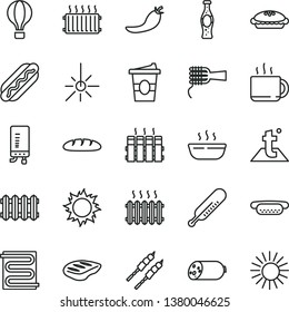 thin line vector icon set - mercury thermometer vector, heating coil, temperature, radiator, new, electronic boiler, sausage, loaf, Hot Dog, mini, noodles, pie, porridge, chop, barbecue, cup of tea