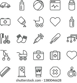 thin line vector icon set - heart symbol vector, mark of injury, first aid kit, toys over the cot, feeding bottle, measuring for, powder, baby, stroller, carriage, sitting, mercury thermometer, comb