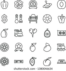 thin line vector icon set - plastic fork spoons vector, baby toy train, children's, yule, colored air balloons, concrete mixer, building level, peper, ripe peach, squash, quince, half of mango, star