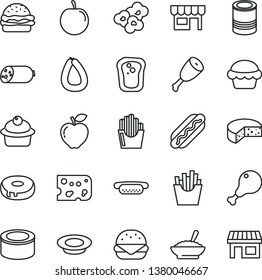 thin line vector icon set - kiosk vector, sausage, stick of, piece cheese, canned goods, tin, Hot Dog, mini, big burger, cake, muffin, with a hole, bowl buckwheat porridge, plate milk, chicken leg