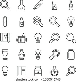 thin line vector icon set - matte light bulb vector, incandescent lamp, magnifier, zoom, out, measuring cup for feeding, mercury thermometer, window, a glass of soda, tea, bottle, jar jam, liquor