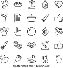 thin line vector icon set - scribbled paper vector, small rocking horse, shoes for little children, hand saw, arm, index finger, thumb up, shipment, apple pie, grill chicken leg, cabbage, loquat