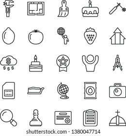 thin line vector icon set - plastic brush vector, lay out of flat, magnifier, camera, cake slice, torte, birthday, strawberry, lime, persimmon, oil, welding, SIM card, Measuring compasses, caliper