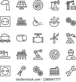 thin line vector icon set - tower crane vector, workman, gears, adjustable wrench, power socket type f, gear, star, core, solar panel, oil derrick, working, wind energy, valve, manufacture, pipe