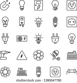 thin line vector icon set - matte light bulb vector, incandescent lamp, concrete mixer, cordless drill, power socket type b, f, dangers, boiler, hydroelectric station, hydroelectricity, plug, fan