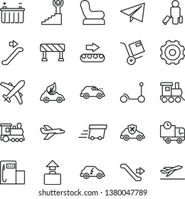 thin line vector icon set - truck lorry vector, paper airplane, Baby chair, toy train, Kick scooter, traffic signal, delivery, shipment, modern gas station, battery, production conveyor, eco car